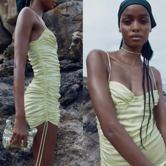 ✨NWT Zara Lime Green Satin Ruched Bustier Mini Dress Size XL Blogger Favorite - Picture 8 of 12